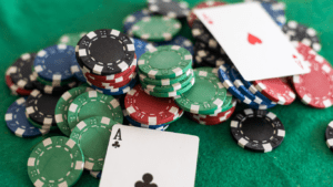 Stack of casino chips and card